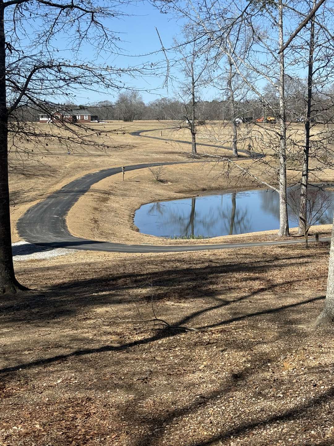 A new asphalt drive winding around a pond through open lawn